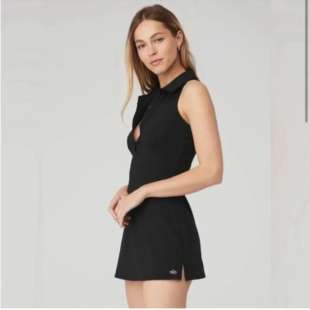 Alo Yoga Charmed Tennis Dress Sleeveless Collared Size S Black Golf Pickleball